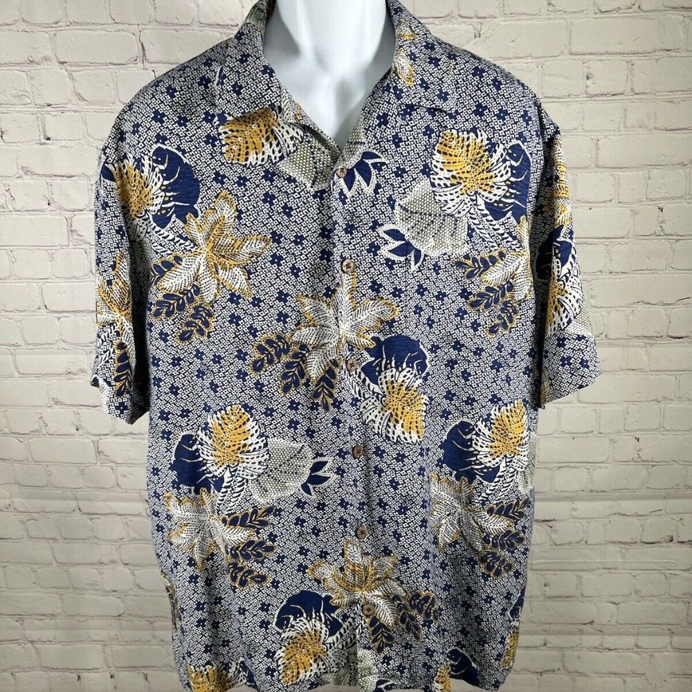 Caribbean 100% Pure Silk Button Up Short Sleeve Blue Yellow Hawaiian Shirt XL